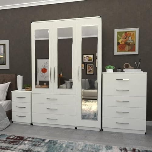 Image of Ready to Use Assembled Wardrobe Set, 3 Door Mirrored Wardrobe 116cm, 5 Drawer Chest 74cm, 3 Drawer Bedside 40cm, White