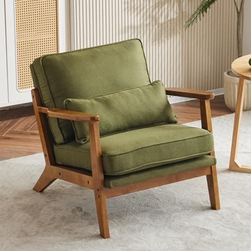 Image of Bonnlo Accent Chair, Soild Wood Padding Lounge Armchairs, Occasional Reading Chair with Cushions and Lumbar Pillow, Armchairs for Living Room, Bedroom, Guest Room, Wide Arm, Green