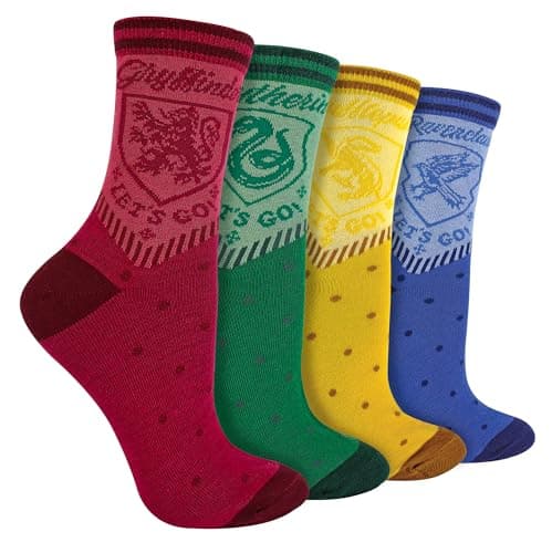 Image of Harry Potter 4 Pairs Socks | Novelty Hufflepuff, Slytherin, Gryffindor, Ravenclaw, Hogwarts Socks Gifts (UK, Numeric, 6, 11, Regular, Regular, Multicolor)