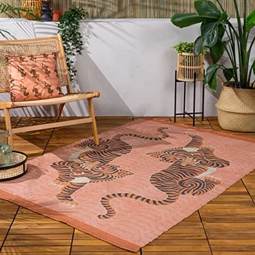 Image of furn. Tibetan Tiger Outdoor Washable Rug – Tribal Inspired Design, Weatherproof and UV Resistant (Coral – 120x170cm)