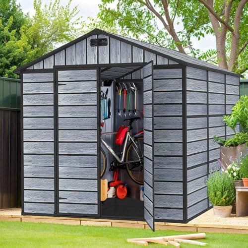 Image of BIRCHTREE 8X6FT Plastic Garden Shed with Floor Apex Roof Wood Grain Effect Fade Free All Weather Resistant Lockable Door Outdoor Storage Box Air Vent&Window Garden Tool Shed Low Maintenance Grey