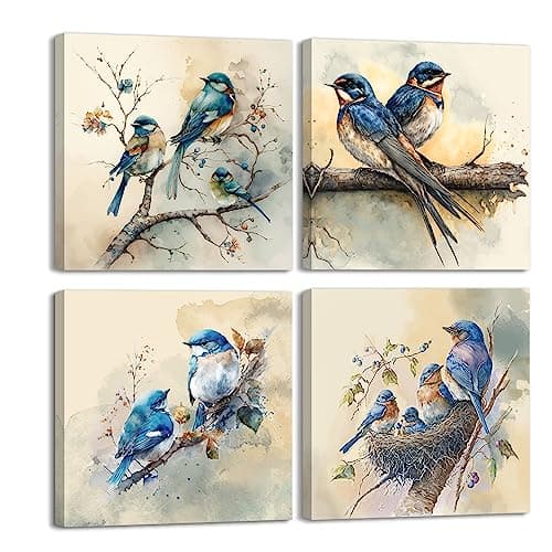 Image of Piy Painting Set of 4 Canvas Wall Art Cute Birds Picture Print on Canvas Stretched on Canvas Framed Animal Wall Decoration for Living room Bedroom Bathroom Yoga room 12x12in