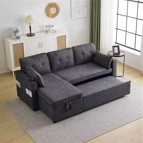 Image of BTM L Shape Sofa Bed, 3 Seater Corner Sofa with Storage, Pull Out Sofa Bed with Cup Holders, Pillows and Storage Pocket for Living Room/Office, Grey