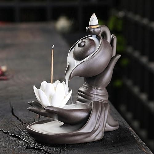 Image of SKILBEAIA Teapot Lotus Backflow Incense Burner - Purple Clay Cone Sticks Holder, Home Decor Porcelain Plated With 20 Backflow Cones, 30 Sticks for Home and Office (White)