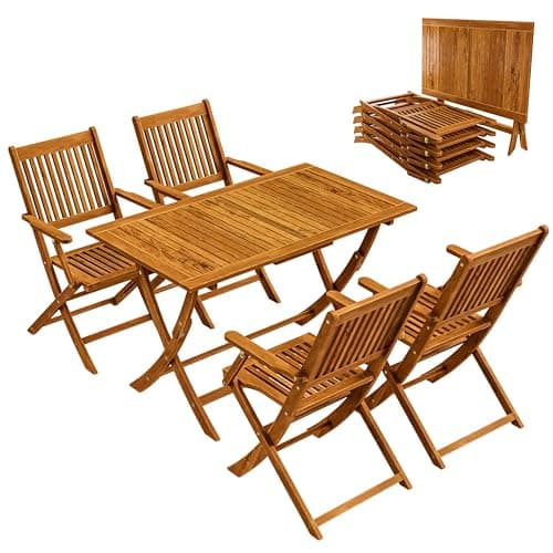 Image of CASARIA® Sydney Wooden Garden Dining Table and Chairs Set | 4 Seater | FSC®-Certified Acacia Wood | Chairs with Armrests | 5 Piece | Foldable Wood Garden Outdoor Furniture Set