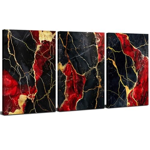 Image of 3 Piece Abstract Canvas Wall Art Prints Modern Marble Pictures for Living Room Red Black and Gold Wall Decor Graffiti Fluid Texture Ink Paintings Nordic Luxury Posters Artwork Home Decorations 12x16"