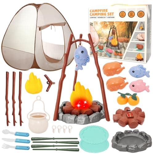 Image of Kids Play Tent with Campfire Set - Pretend Play Camping Toys for Children Ages 3-8 Years, Includes Play Food, Utensils & Cutting Toys for Indoor/Outdoor Role Play, Garden Camping Gift for Boys & Girls