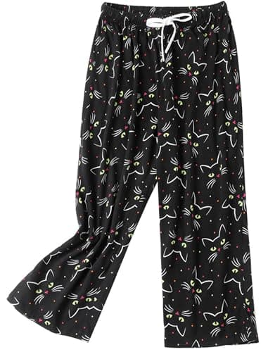 Image of MIA LUCCE Pyjama Bottoms Womens Capri Cropped Pyjamas for Women Stretch Drawstring Soft Pj Bottoms Soft Lounge Sleepwear(Black Cat,XXL)