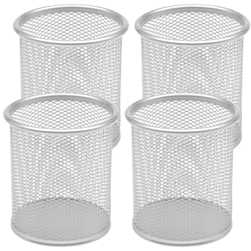 Image of DIFIT 4PC Pen Holder, Metal Pen Pot, Silver Pencil Pot, Mesh Portable Durable Pens Pots for Desk, Pens Holder for Office Learning School Home, Round