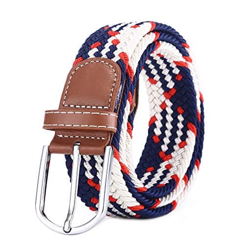 Image of BOZEVON Elastic Woven Belt - Multi-colours Elasticated Braided Stretch Fabric Belt For Men Women Dark Blue and White and Orange