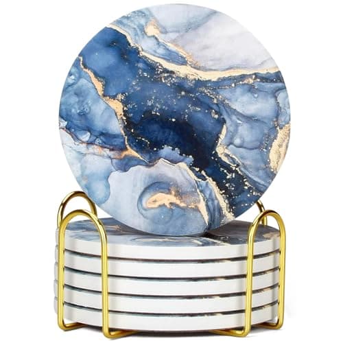 Image of GRISHA Coasters Set of 6 - Homeware Marble design Coasters Ceramic - Coasters with Holder and Cork Base,Home accessories,Coaster(Drinks) cup and Table decor,10cm 4inch. (Golden Blue)