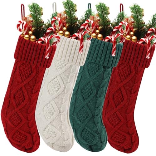 Image of Knitted Christmas Stockings Large 18 Inch Xmas Double-Sided Rhombus Grid Cable Stocking Fireplace Christmas Tree Decor Standard Hanging Stockings Red White Green 4 Pack