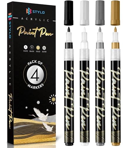 Image of Stylo Metallic Acrylic Paint Pens - White, Black, Gold and Silver Permanent Acrylic Markers for Christmas Cards, Glass, Ceramic, Rock Painting, Ideal for Arts and Crafts (Pack of 4)