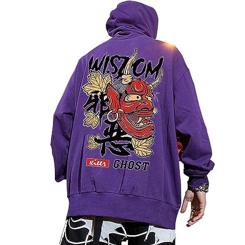 Image of XYXIONGMAO Graphic Hoodies for Men Japanese Hoodie Streetwear Oversized Black White Ghost Hip-Hop Good and Evil(Purple,2XL)
