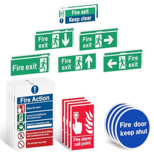 Image of 12pk/23pk 1mm Rigid Plastic Fire Safety Signs Set with Self Adhesive Backing Sticker - Fire Action Notice Sign, Keep Clear, Fire Door Keep Shut, Call Point (23 Pack)