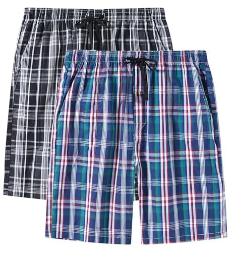 Image of MoFiz Men's Pyjama Bottoms 100% Cotton Plaid Lounge Wear Shorts Elastic Waist Summer Sleepwear Pajama Shorts 2 Pack Size XL