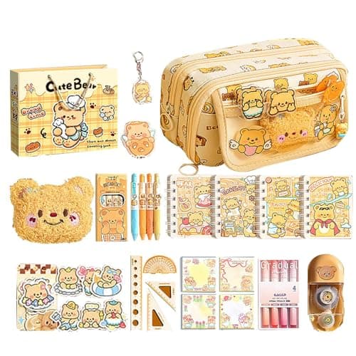 Image of Ancsttu Cute Bear Stationery Set, Bear Stationery Supplies Multi-Layer Large Capacity Cute Pencil Case for Teens Boys Girls