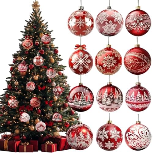 Image of Christmas Tree Decorations Set 12Pcs Xmas Trees Snowflake Designs Wooden Christmas Ornaments Red & White Xmas Balls Hangings Ornaments for Winter New Year Decors Holiday Party Home Supplies