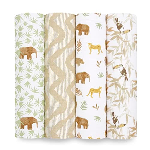 Image of aden + anais tanzania Swaddle Blanket - Pack of 4| Large 100% Breathable Muslin Cotton Swaddle Wrap Set for Baby Girls & Boys |nature, animals, savannah Print Designs, 112 x 112 cm