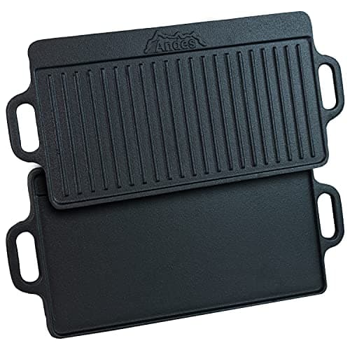 Image of Andes Double Sided Cast Iron Griddle Plate with Handles, Ribbed Grill Pan/BBQ Skillet for Camping, 50 x 23cm