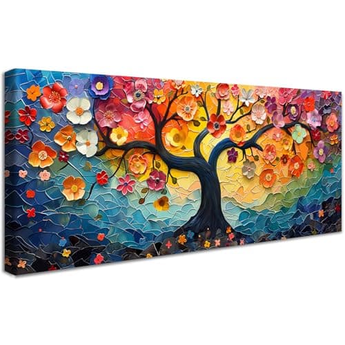 Image of Wooden Framed Canvas Wall Art Colorful Blossom Tree of Life Painting on Canvas Prints Poster Abstract Hippie Tree Pictures for Living Room Bedroom Home Office Wall Decoration 50x120cm/20x48 inch