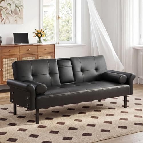 Image of Panana 3 Seater Sofa Bed,Click Clack with Armrest Sofabed Fabric Couch Recliner,Choice of Colour (Black Faux Leather, With Drinks Cup Holder)