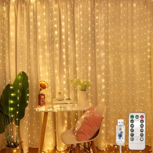 Image of Jsdoin Curtain Fairy Lights, 3.6m x 3m 360leds USB Operated 8 Modes String Light Indoor Waterproof Hanging Window Lights with Hooks for Christmas, Wedding, Party,Wall, Home Decorations (Warm White)