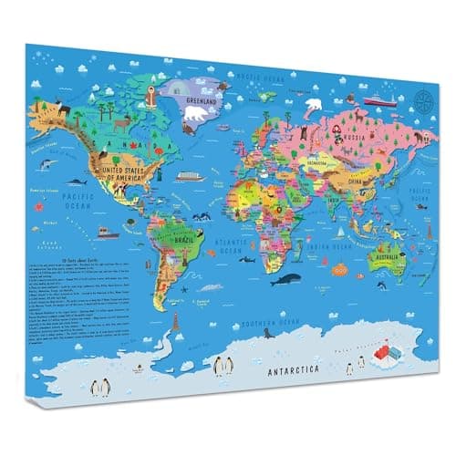 Image of Children’s World Map Poster for Wall – Large A1 Illustrated World Map for Kids Globe Atlas Wallchart