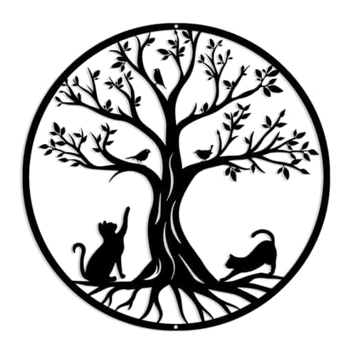 Image of Pduoduo Black Metal Tree of Life Wall Decor Silhouette Art(with cat and bird) for Gift Present Indoor Outdoor Garden Home Decoration (19.68in)
