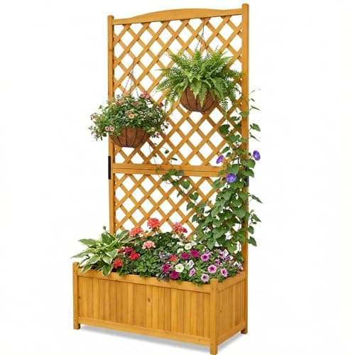 Image of Large Rectangular Wooden Planter with Lattice Trellis Panels for Vines Garden Climbing Plants Flowers, Free Standing Plant Pot Box for Garden Patio Raised Bed,L90 x W44 x H180 cm,Natural