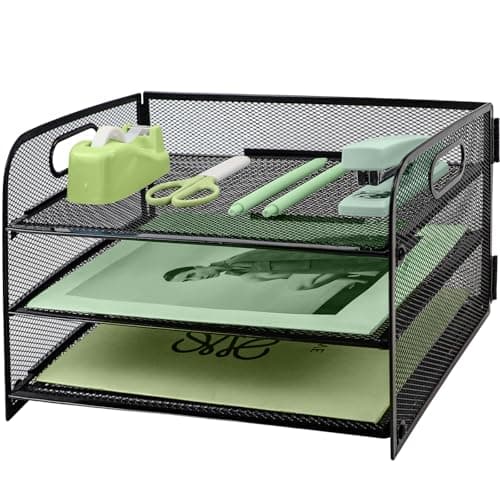 Image of Paper Letter Tray with Handle, 3 Tier Metal Mesh Desk File Organizer, A4 Paper Desktop Filing Trays, Desk Tidy Magazine Document Holder for Home Office, Black
