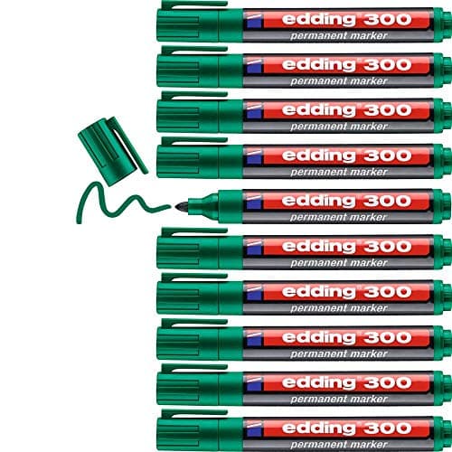 Image of edding 300 Permanent Marker - Green - 10 pens - Round tip 1.5-3 mm - Waterproof, Quick-Drying, Smear-Proof pens - for Cardboard, Plastic, Glass, Wood, Metal and Fabric