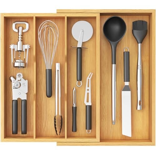 Image of Lifewit Utensil Drawer Organiser, Extendable Cutlery Tray for Kitchen, Silverware Flatware Holder, Wood Adjustable Kitchen Spatula Tools and Gadgets Storage Divider, 30-55x40cm, Natural