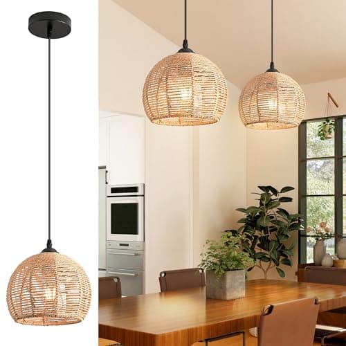 Image of Mlihove Rattan Pendant Light, Rattan Light Fixture Hanging, Boho Pendant Chandelier Lighting Hand Woven Wicker Shades for Kitchen Island Dining Room Bedroom Hallway Living Room