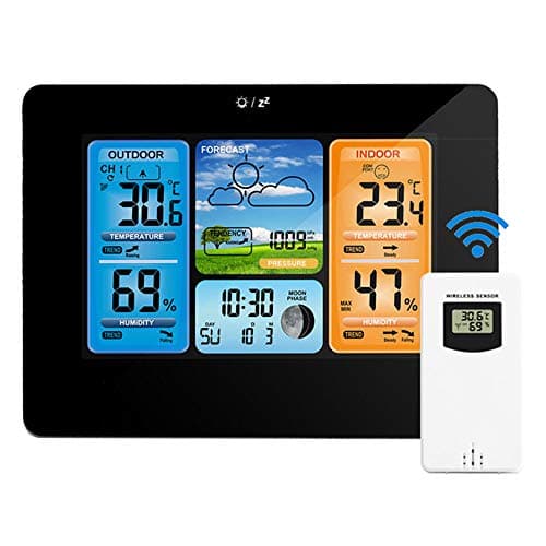 Image of Powcan Weather Stations Wireless Indoor Outdoor with Alert and Temperature/Humidity/Barometric/Forecast/Moon Phase/Alarm Clock, LCD Digital Weather Station with Outdoor Sensor for Home Office (Black)