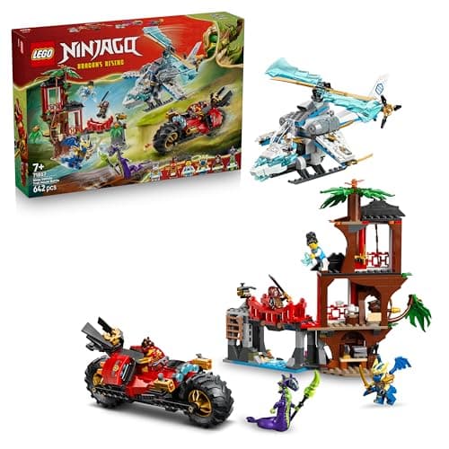 Image of LEGO NINJAGO Ninja Vehicle Tree House Battle - Action Toy w/a Motorbike, Helicopter, 6 Minifigures & Swords - Gift for 7+ Year Old Boys & Fans - 71857
