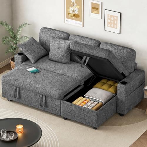 Image of Corner Sofa Bed, L-Shaped Convertible Sleeper Sectional Sofa Bed with USB & Type-C Ports, Storage, Cup Holders and 2 Cushions, 3 Seater Chenille Pull Out Couch Bed for Living Room, Bedroom, Grey