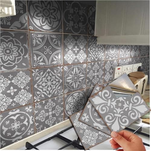 Image of 72 Grey Tile Stickers Victorian Moroccan Mosaic Tile Transfers for 6x6inch 15x15cm Kitchen Bathroom Stick On Wall Peel N Stick Decals Shabby Chic Vintage Style (72 Individual Stickers)