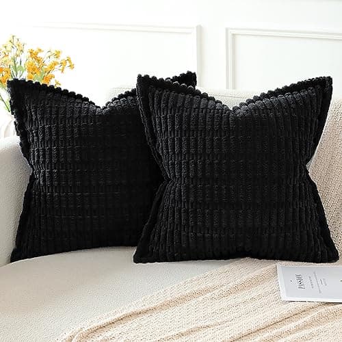 Image of Artscope Black Cushion Covers Set of 2 Corduroy Decorative Square Striped Pillowcase with Stitched Edge Pillow Covers 40x40cm for Home Decor Sofa Bedroom Car