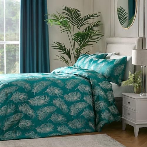 Image of Laurence Llewelyn-Bowen - Teal Peacock Feathers Duvet Cover Set - Super King Size - 2 Pillowcases - Jacquard Bedding Set in Teal - Luxury Bedding - Bird Duvet Cover