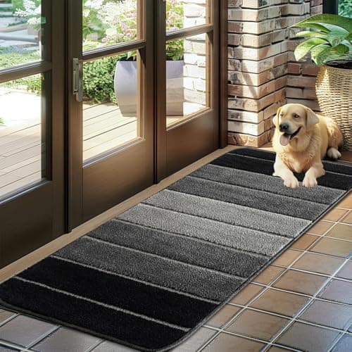 Image of PHP Stripe Runner for Entryway - Modern Flat Weave Non Slip Washable Rug for Kitchen Front Door Entrance Mat Hallway Runner Floor Mat (60x110 cm, Grey Black)