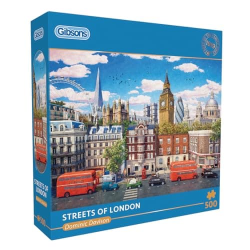 Image of Gibsons Streets of London 500 Piece Jigsaw Puzzle for Adults – City Landmarks Artwork by Dominic Davison – Iconic British Skyline Design – Premium Sustainable Puzzle Made in the UK/EU