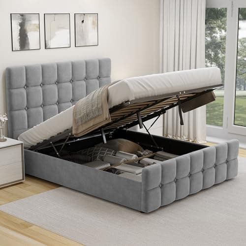 Image of Ottoman Small Double Bed Frame, Upholstered Gas Lift Up Bed Frame with Storage, Ottoman Storage Bed with Gas Lift End Opening Wooden Slats, (4ft Grey Small Double, No Mattress Included)