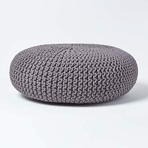 Image of HOMESCAPES Grey Knitted Pouffe Footstool Occasional Seat Bean Filled 100% Cotton for Living Room Children or the Elderly