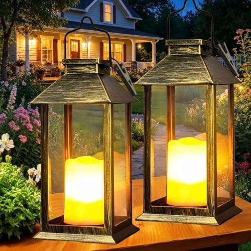 Image of Yowin Solar Lanterns for The Garden 2 Pack 22cm Hanging Solar Lights with Flickering Candle, Outdoor Lanterns Waterproof Garden Gifts, Table Lamp for Balcony Wall Patio Fence Decorations - Bronze