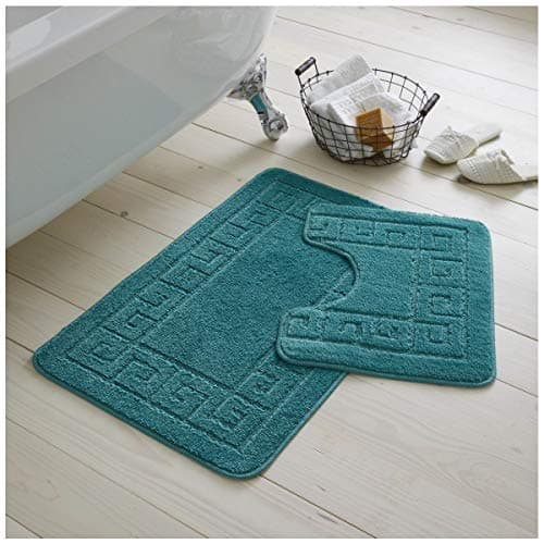 Image of GC GAVENO CAVAILIA Greek Key Pattern Bath Mats 2 Piece Sets Non Slip, Soft Washable Rug Quick Dry Water Absorbent Bathroom Shower Mat & Pedestal Set, Dark Teal