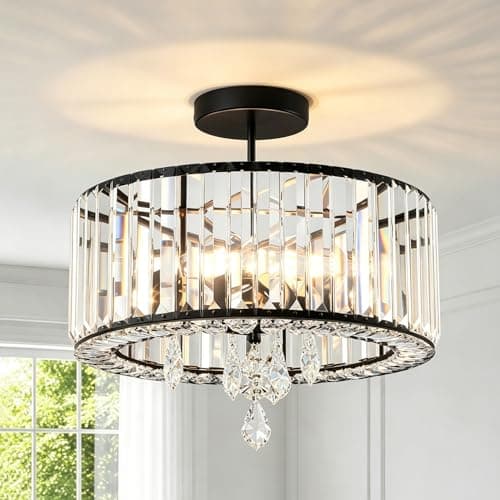Image of ANWIO Black Chandeliers Ceiling Light 3-Light Crystal Ceiling Lights,Light Fittings Ceilings,Semi Flush Mount Chandelier for Living Room Hallway Dining Room Kitchen,Dia 36.5cm,(E27 Base)