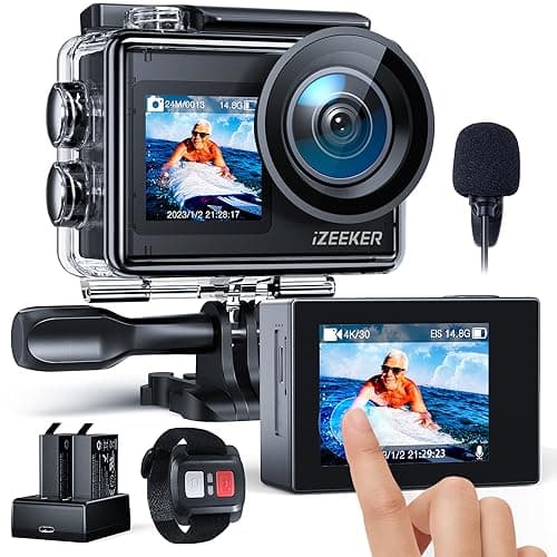 Image of iZEEKER Action Camera 4K 24MP, 40M Waterproof Underwater Camera for Snorkeling, Dual Screen Vlogging Camera,EIS, 170°Wide Angle, 2×1350mAh Batteries, WiFi, Remote Control,External Mic, Accessories