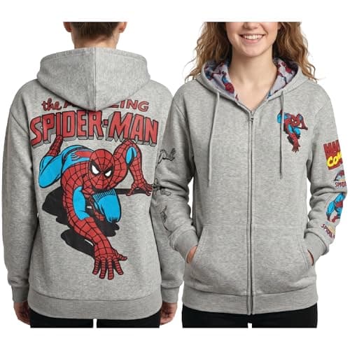 Image of Marvel Spiderman Sweatshirt for Women - Graphic Full Zip Hoodies for Women with Front Pockets - Fashion Graphic Sweatshirts, Spiderman Light Heather Grey, S