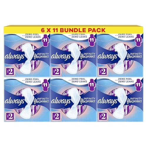 Image of Always Infinity FlexProtect Sanitary Towels, Size 2 Long, 6 Packs of 11 Count, Unscented, for up to Zero Feel & Zero Leaks, Super Absorbent & Flexible Protection